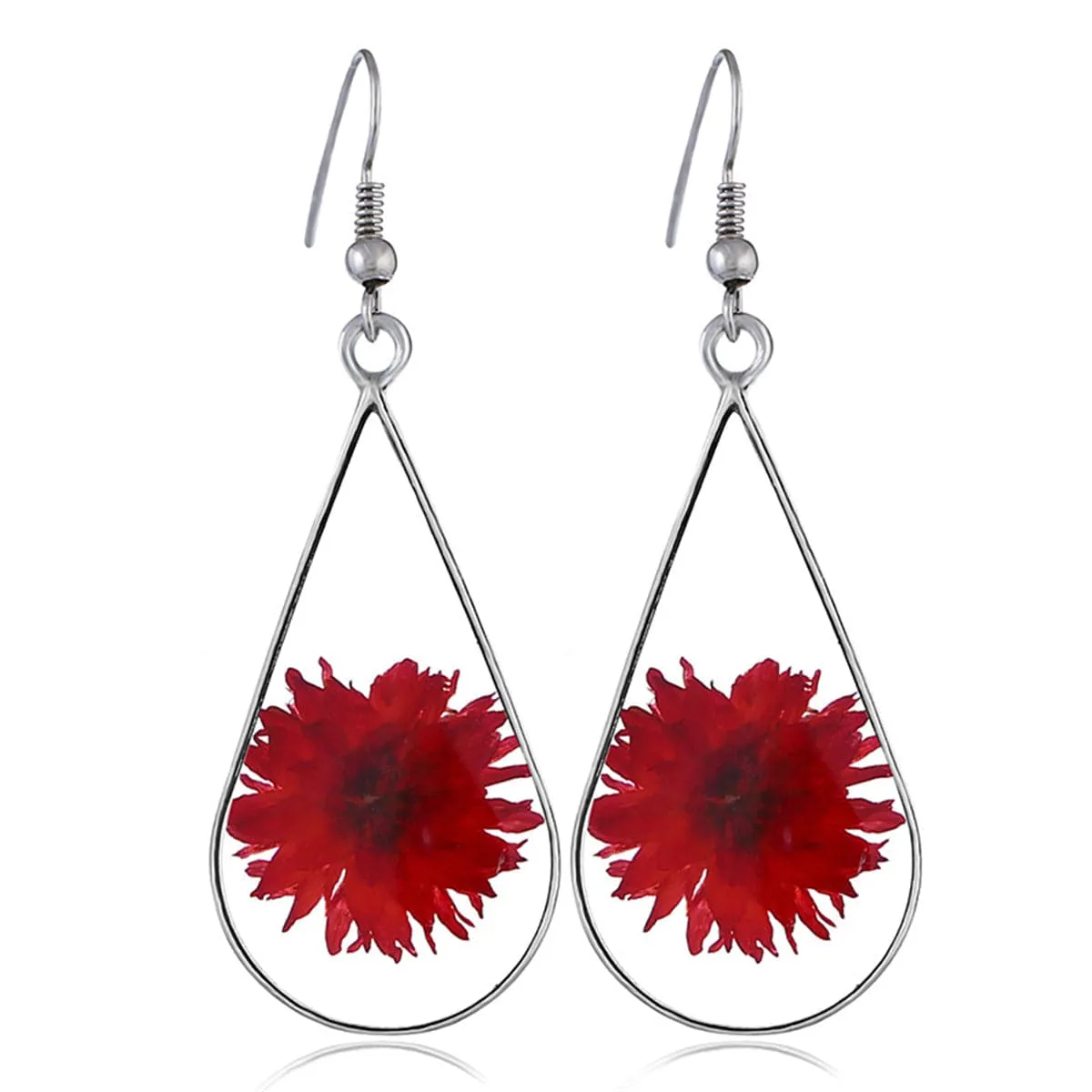Red Pressed Peony & Silver-Plated Teardrop Earrings