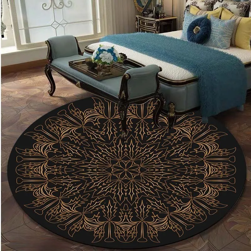 Retro Black And Gold Flowers Round Carpet Lotus Chair Floor Mat Soft Carpets For Living Room Anti-slip Rug Bedroom Decor Carpet