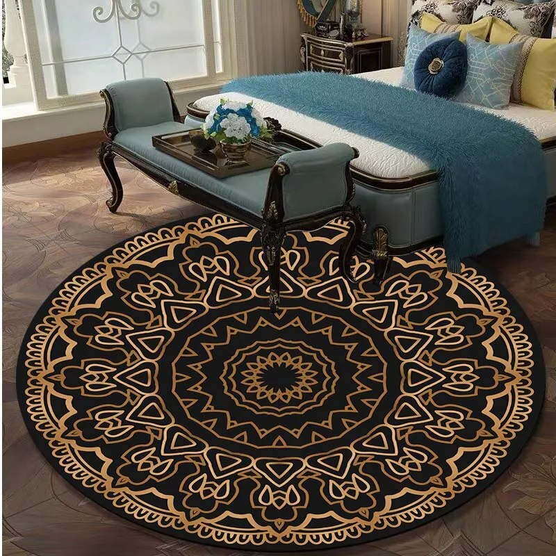 Retro Black And Gold Flowers Round Carpet Lotus Chair Floor Mat Soft Carpets For Living Room Anti-slip Rug Bedroom Decor Carpet
