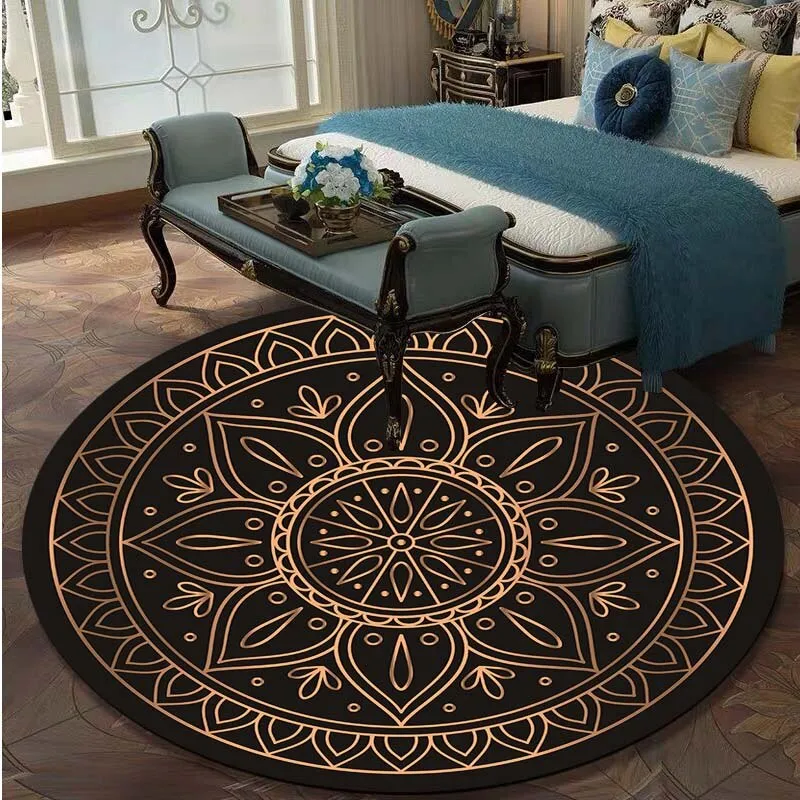 Retro Black And Gold Flowers Round Carpet Lotus Chair Floor Mat Soft Carpets For Living Room Anti-slip Rug Bedroom Decor Carpet
