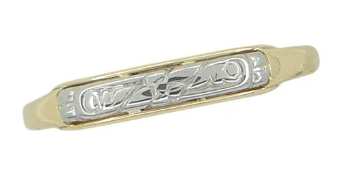 Retro Moderne Engraved Flowers Wedding Band in 14 Karat Yellow and White Gold