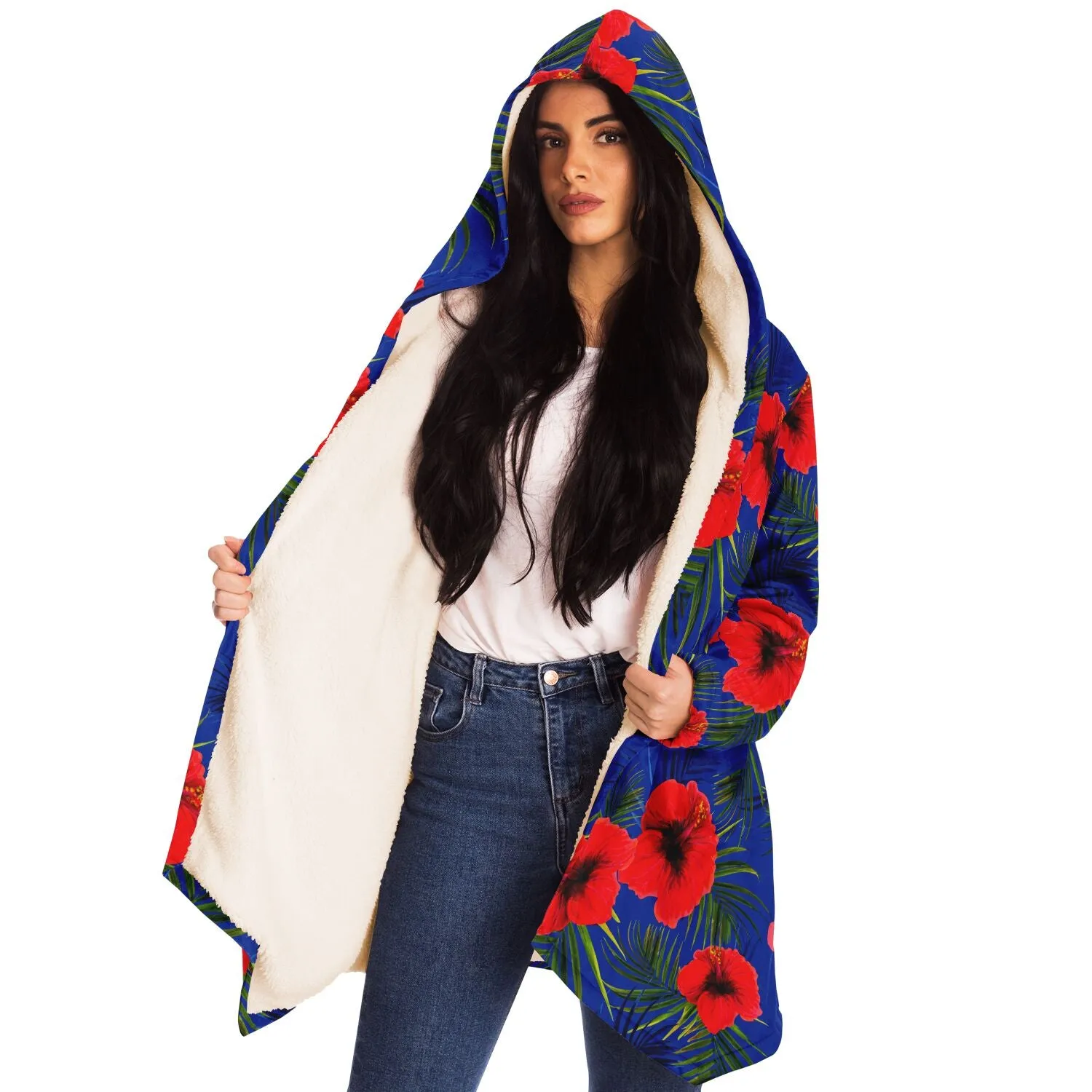 Royal Blue Cloak with Red Flowers Microfleece Cloak -Black or White Lining