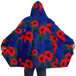 Royal Blue Cloak with Red Flowers Microfleece Cloak -Black or White Lining