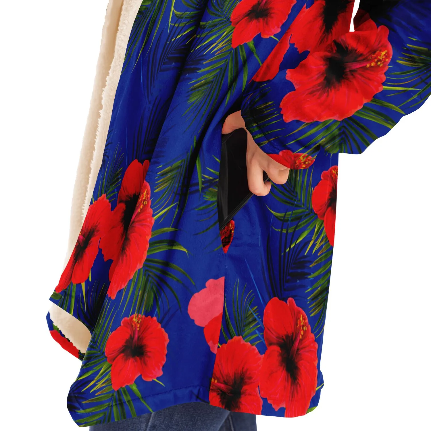 Royal Blue Cloak with Red Flowers Microfleece Cloak -Black or White Lining