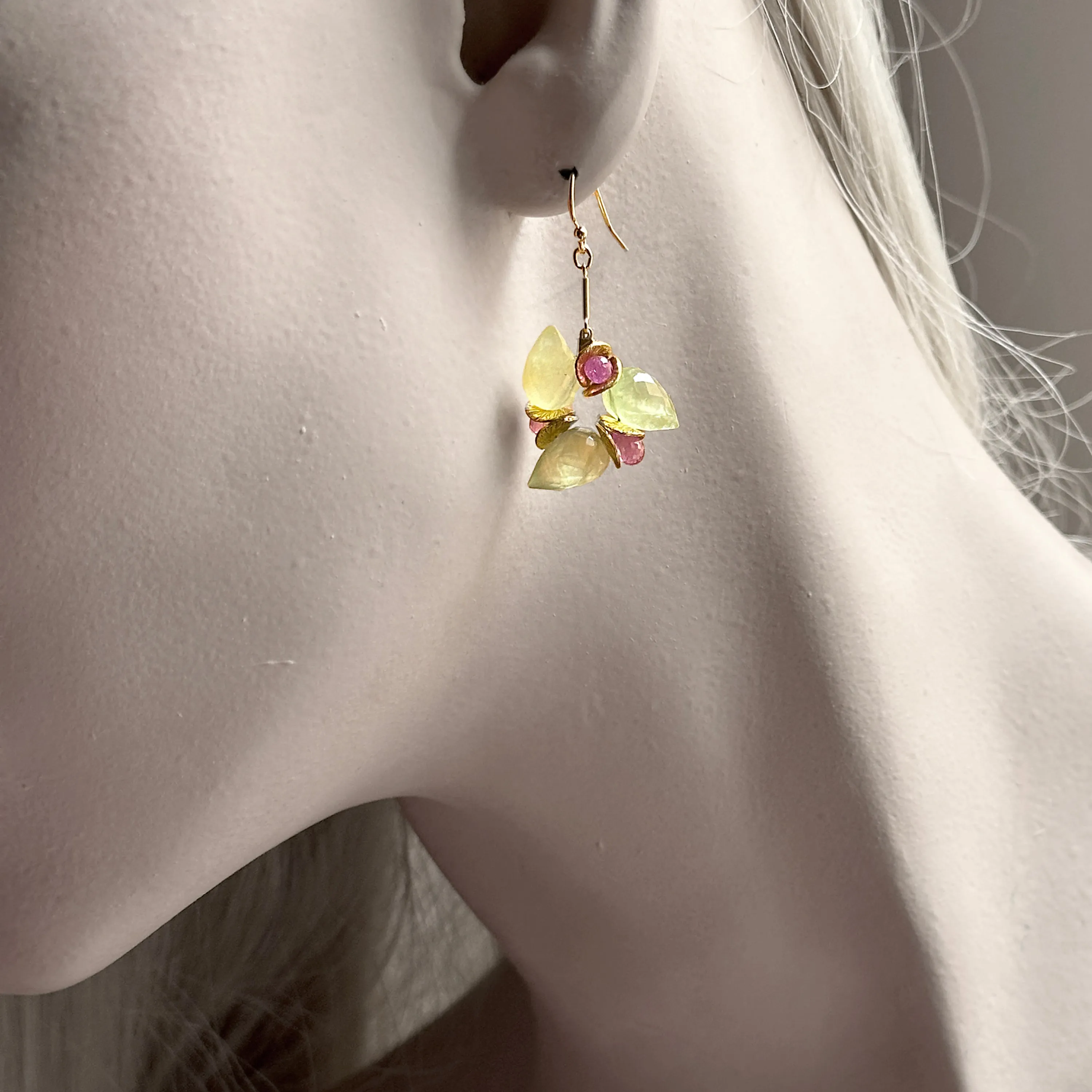 Signature Prehnite Herringbone with Pink Sapphire Gold Earrings