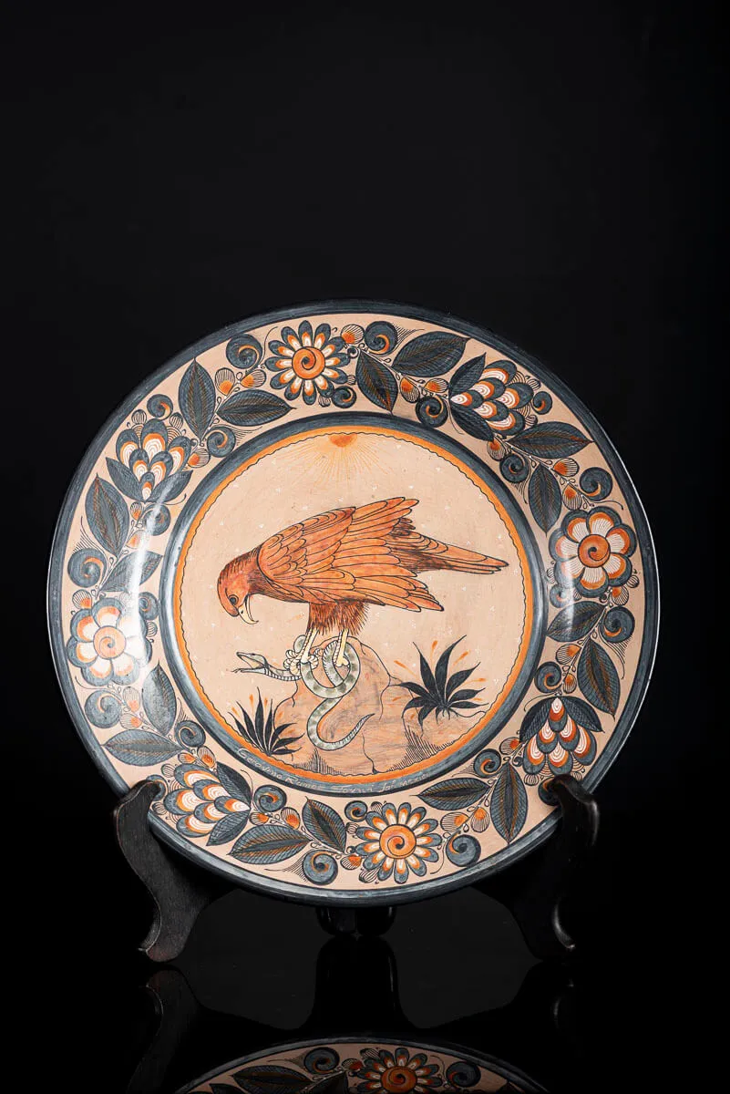 Tonala Dish with Mexican Emblem Signed by Artist
