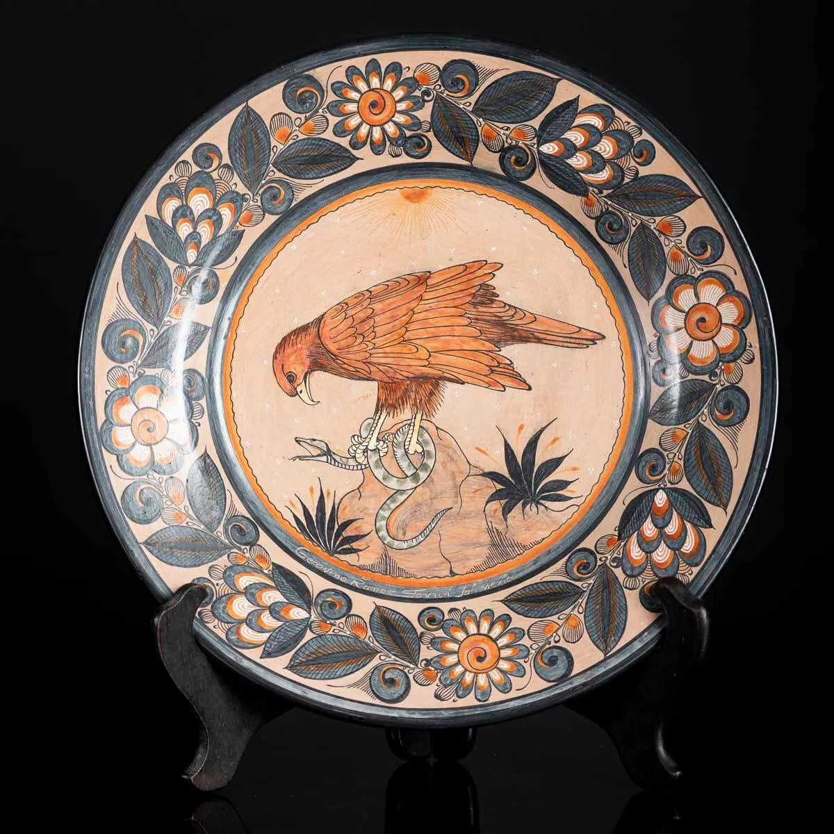 Tonala Dish with Mexican Emblem Signed by Artist
