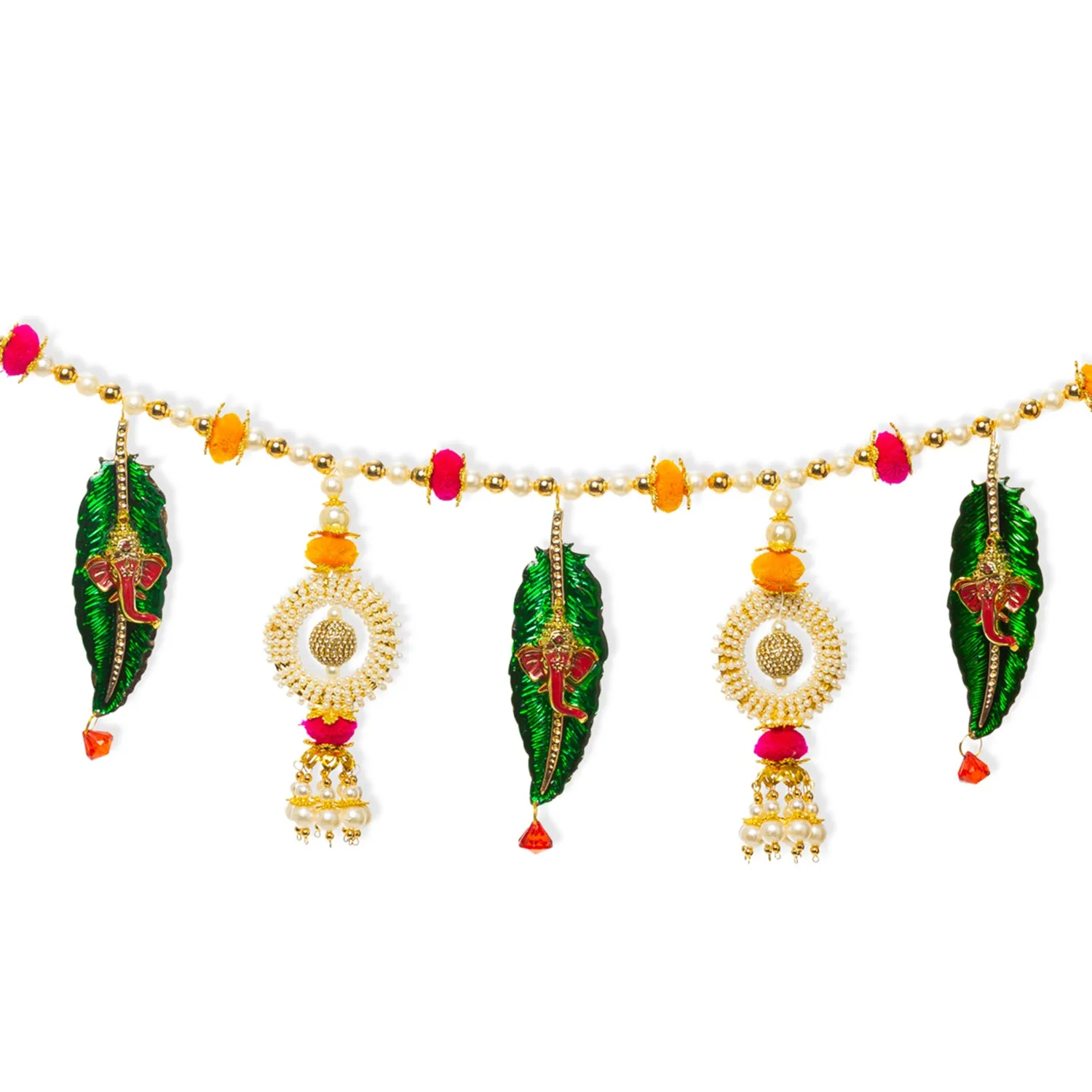 Toran For Door Hangings Diwali Decoration Fancy Golden Ganesh ji Leaf Pearl with Pom Pom Balls