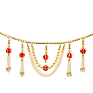 Toran For Door Hangings Diwali Decoration Fancy Golden Pearl with Red Pom Pom Balls