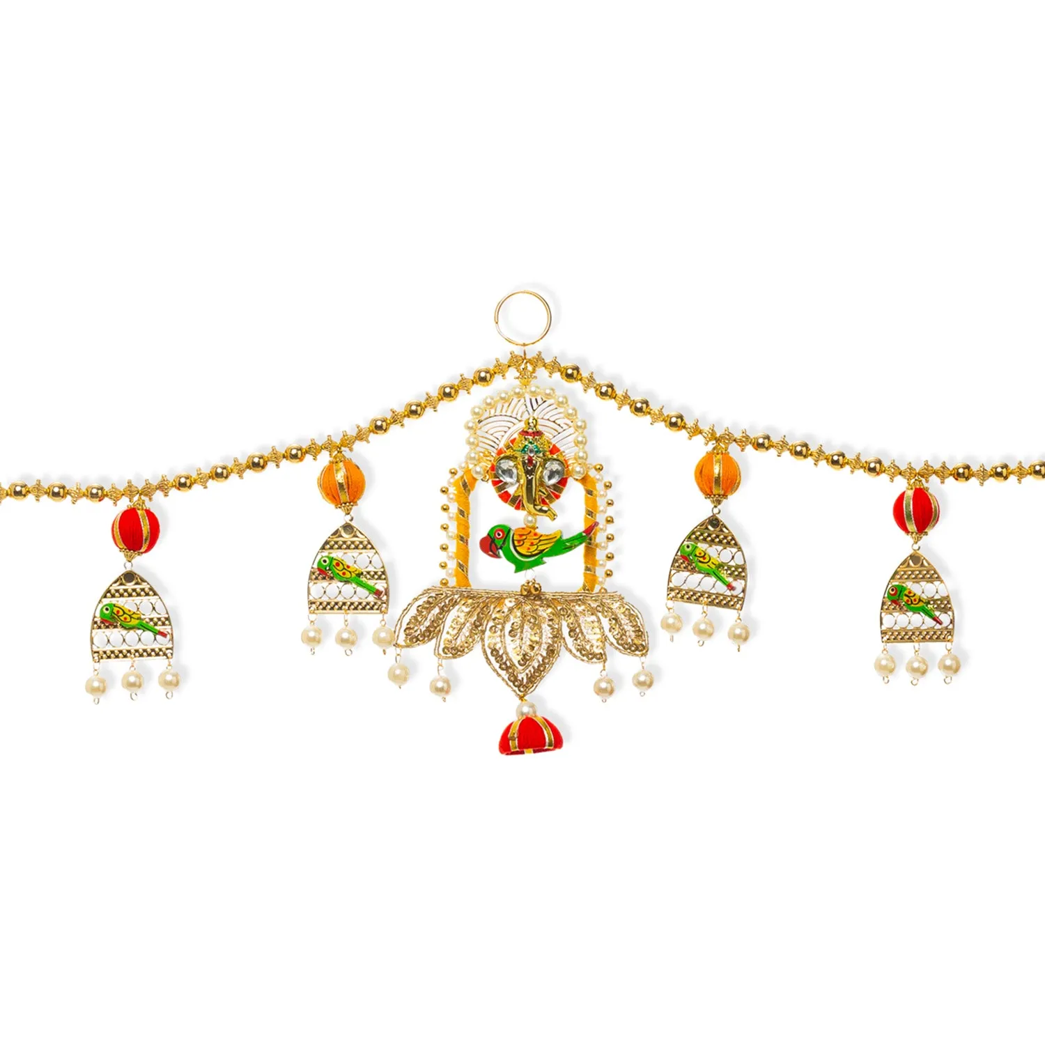 Toran For Door Hangings Diwali Decoration Golden Pearl, Ganesha & Parrots (Orange & Red)