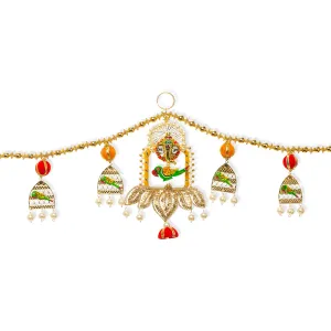 Toran For Door Hangings Diwali Decoration Golden Pearl, Ganesha & Parrots (Orange & Red)