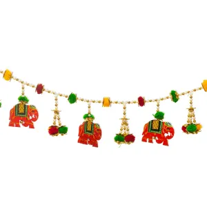 Toran For Door Hangings Diwali Decoration Golden Pearl, Pom Poms & Elephants (Orange & Red)