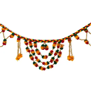 Toran For Door Hangings Diwali Decoration Heavy Fancy Orange & Red & Green Pom Pom balls Toran