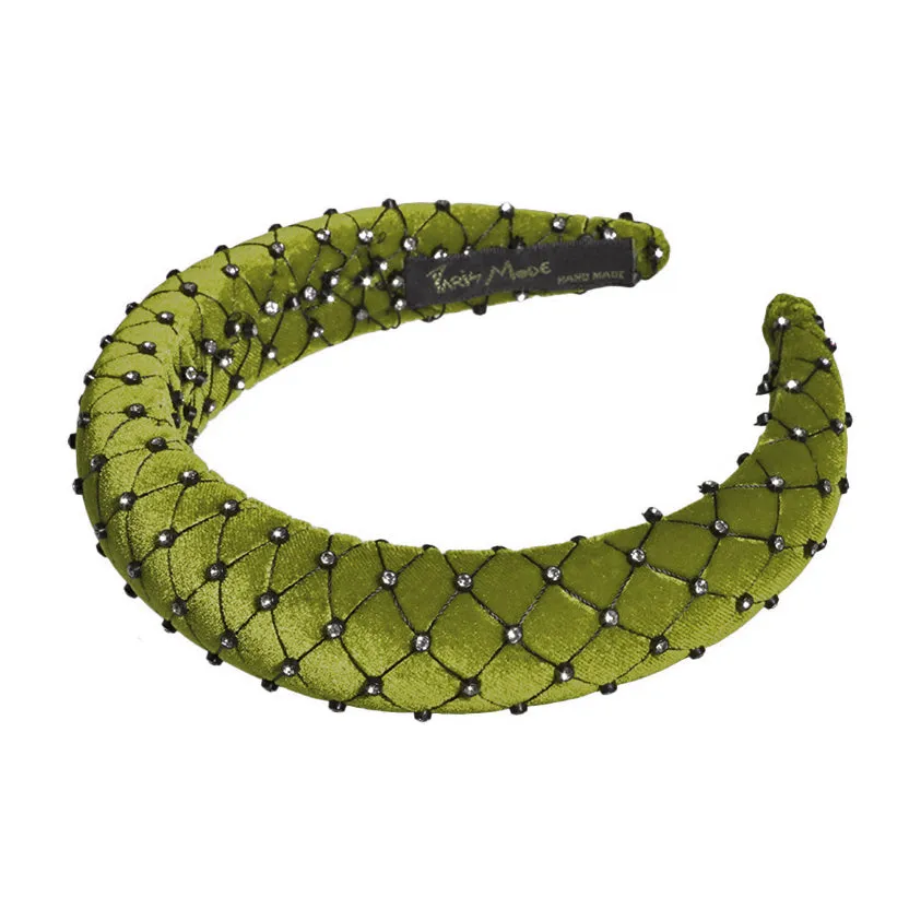 Velvet Crystal 3 cm Padded Olive Headband