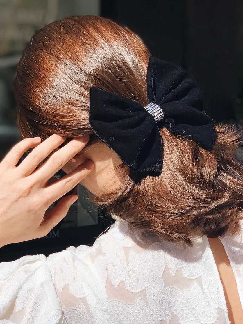 Velvet Crystal Black Bow Hair Clip