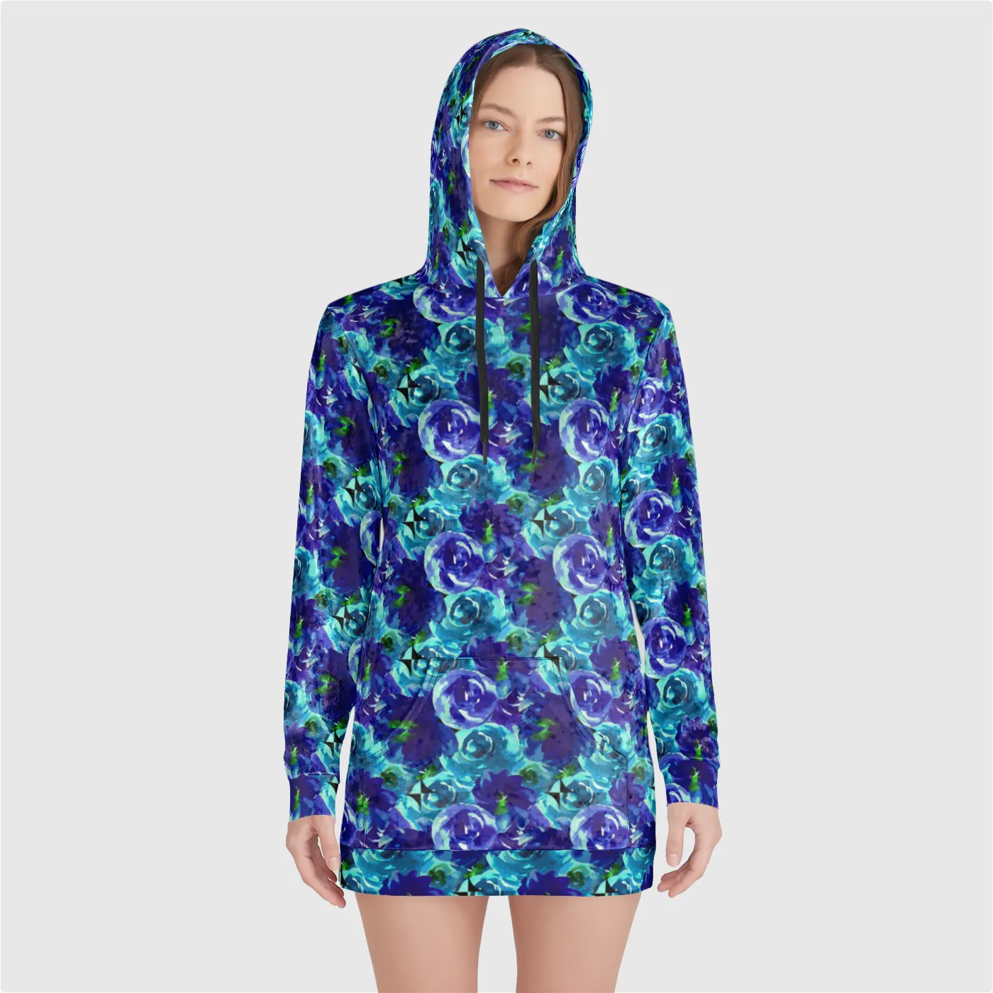 Velvet Hoodie Dress Blue Roses - Made in America