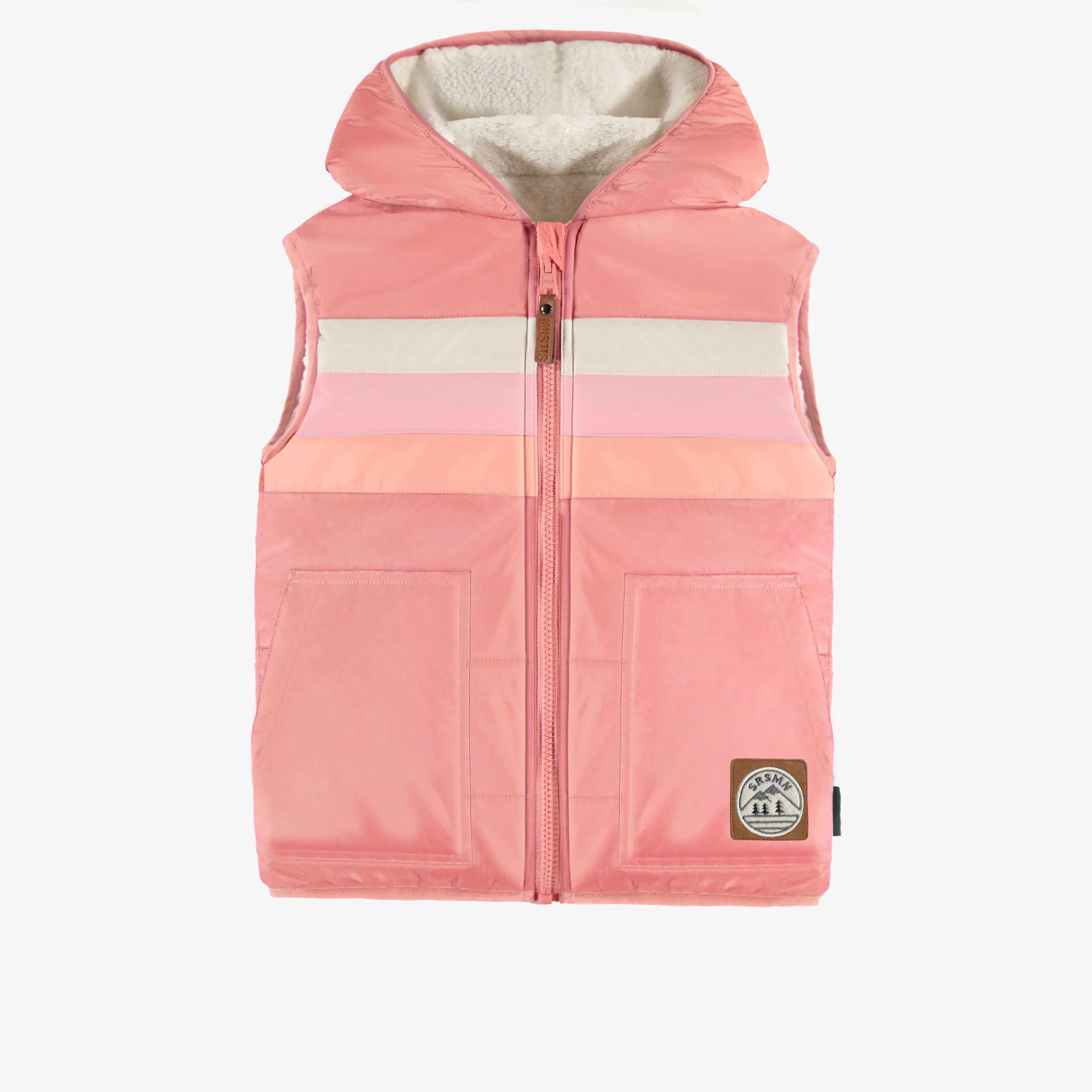 Veste sans manche réversible rose, enfant || Reversible pink sleeveless vest in nylon and sherpa, child