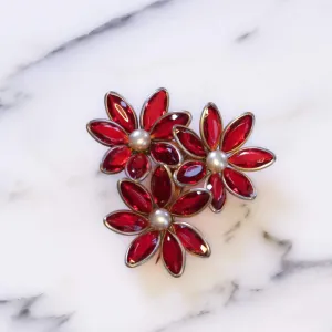 Vintage 1940s Red Flower Dress/Fur Clip Brooch with Crystal Bezel Set Petals and Faux Pearl Centers
