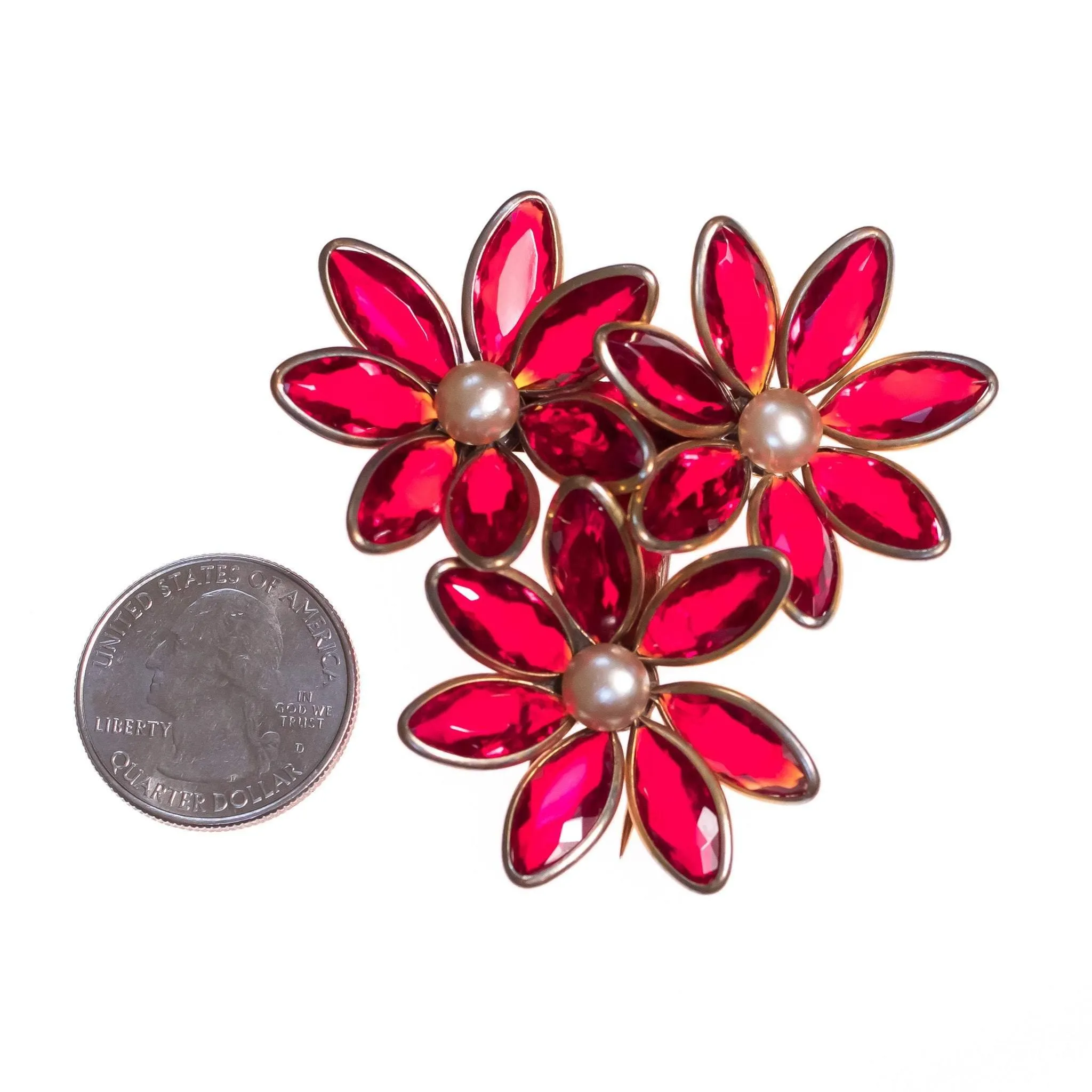 Vintage 1940s Red Flower Dress/Fur Clip Brooch with Crystal Bezel Set Petals and Faux Pearl Centers