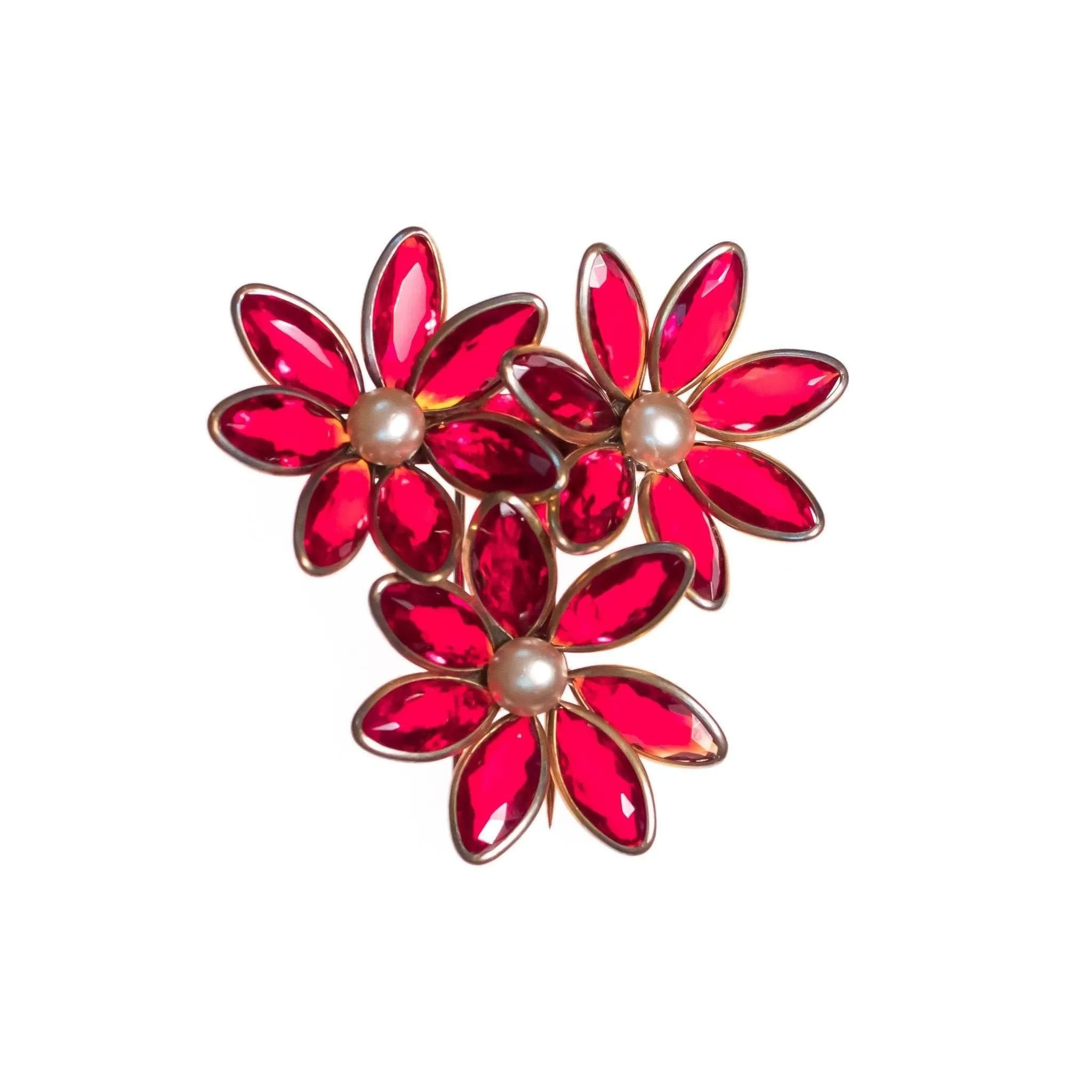 Vintage 1940s Red Flower Dress/Fur Clip Brooch with Crystal Bezel Set Petals and Faux Pearl Centers