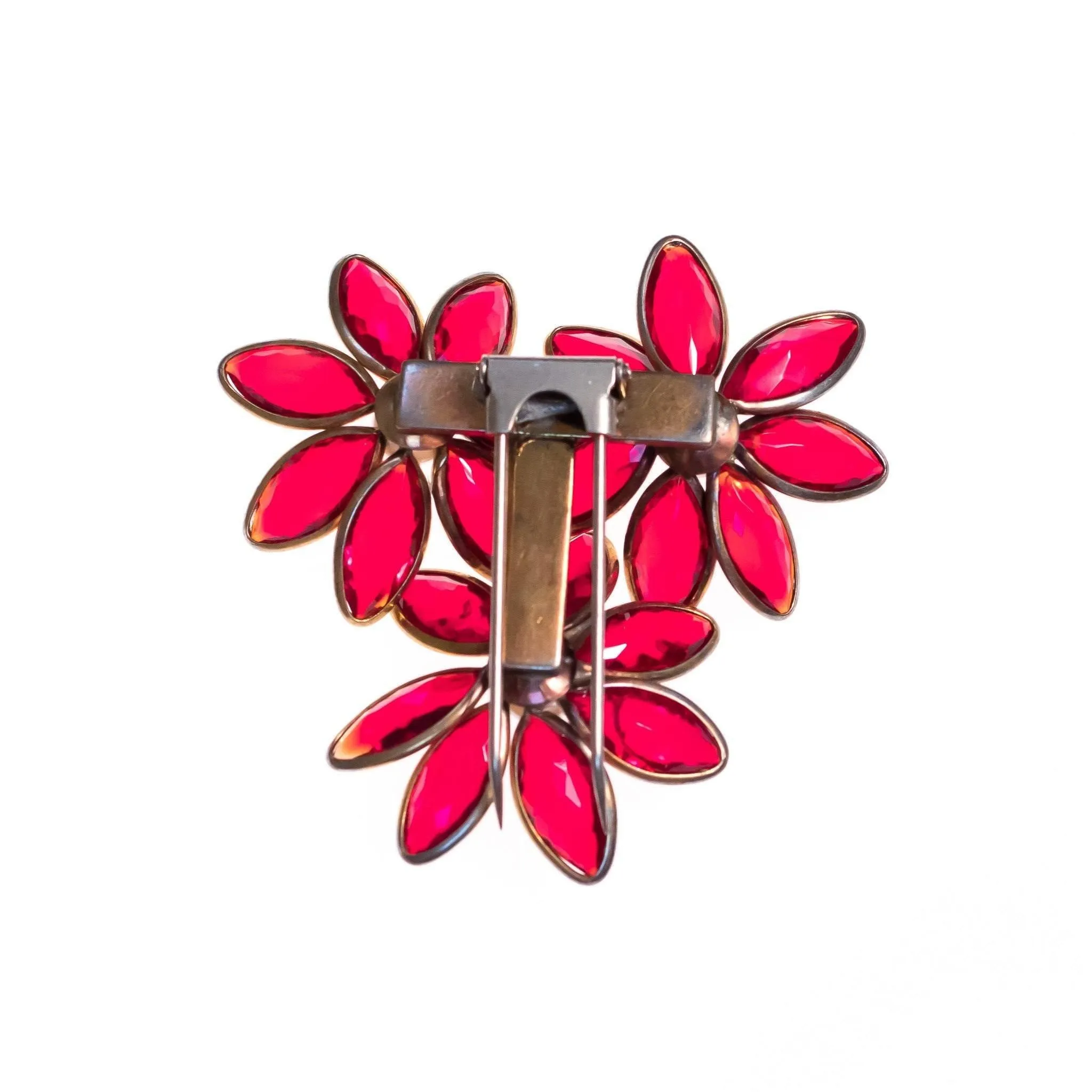 Vintage 1940s Red Flower Dress/Fur Clip Brooch with Crystal Bezel Set Petals and Faux Pearl Centers