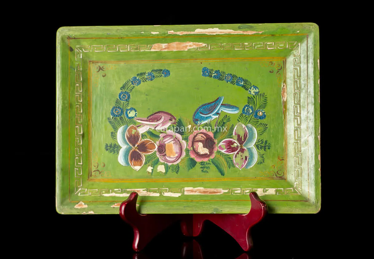 Vintage Lacquered Tray from Olinalá México Birds & Flowers