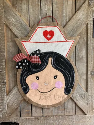 Whimsical Nurse Door Hanger - Black Hair