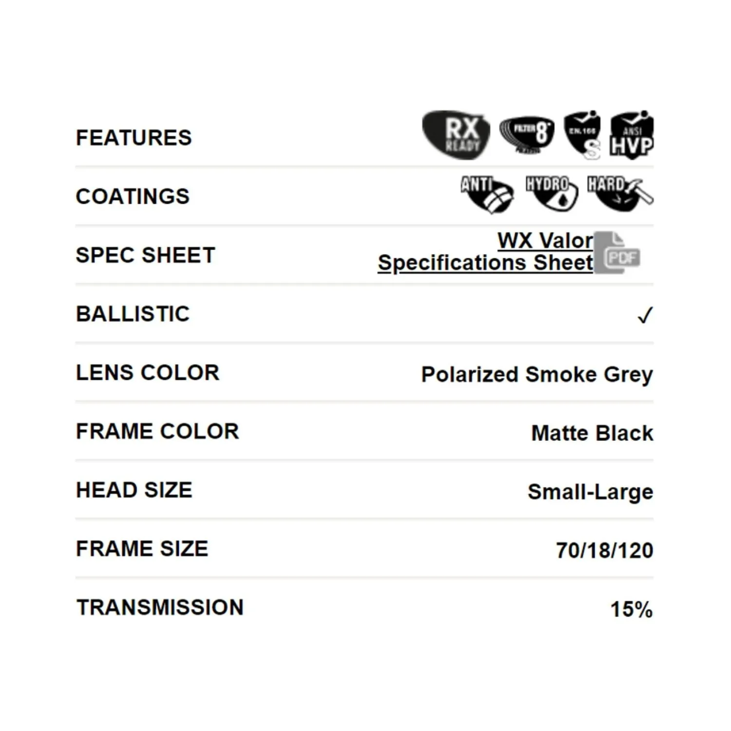 Wiley X Valor 2.5 | Polarised Grey Lens w/ Matte Black Frame