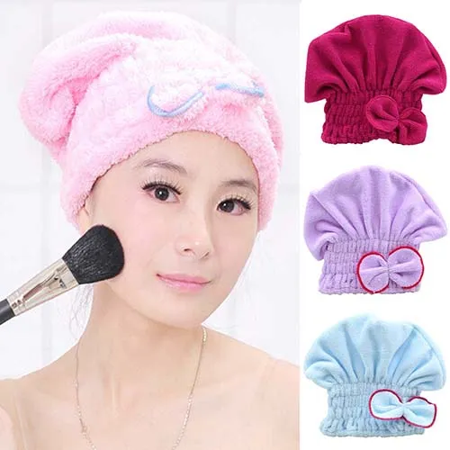 Women's Hair Drying Hat Spa Towel Turban Cap Cute Bowknot Soft Coral Velvet Micro-fiber  7JUM