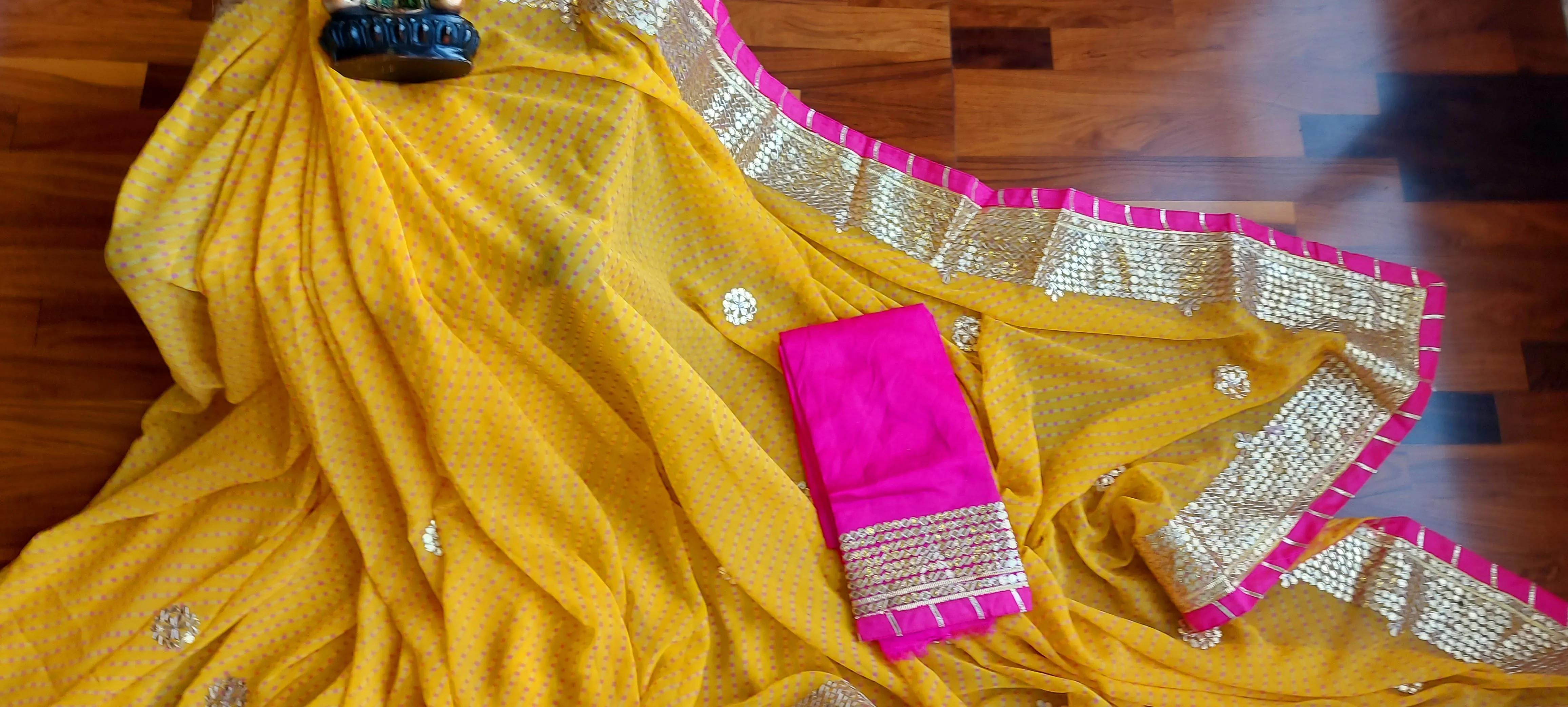 Yellow Pink Soft Georgette Gota work Saree