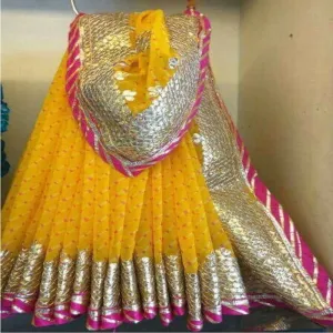 Yellow Pink Soft Georgette Gota work Saree
