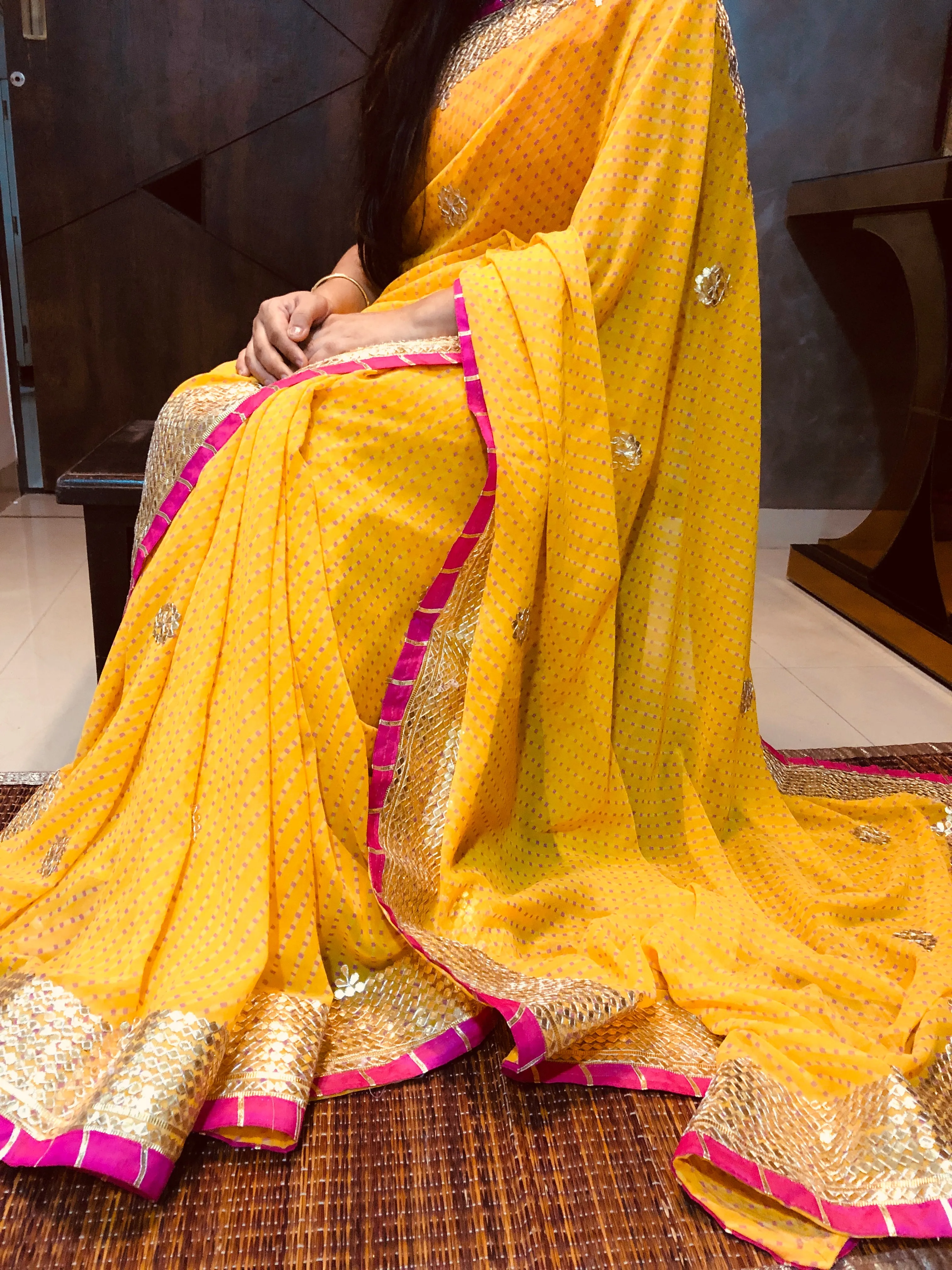 Yellow Pink Soft Georgette Gota work Saree
