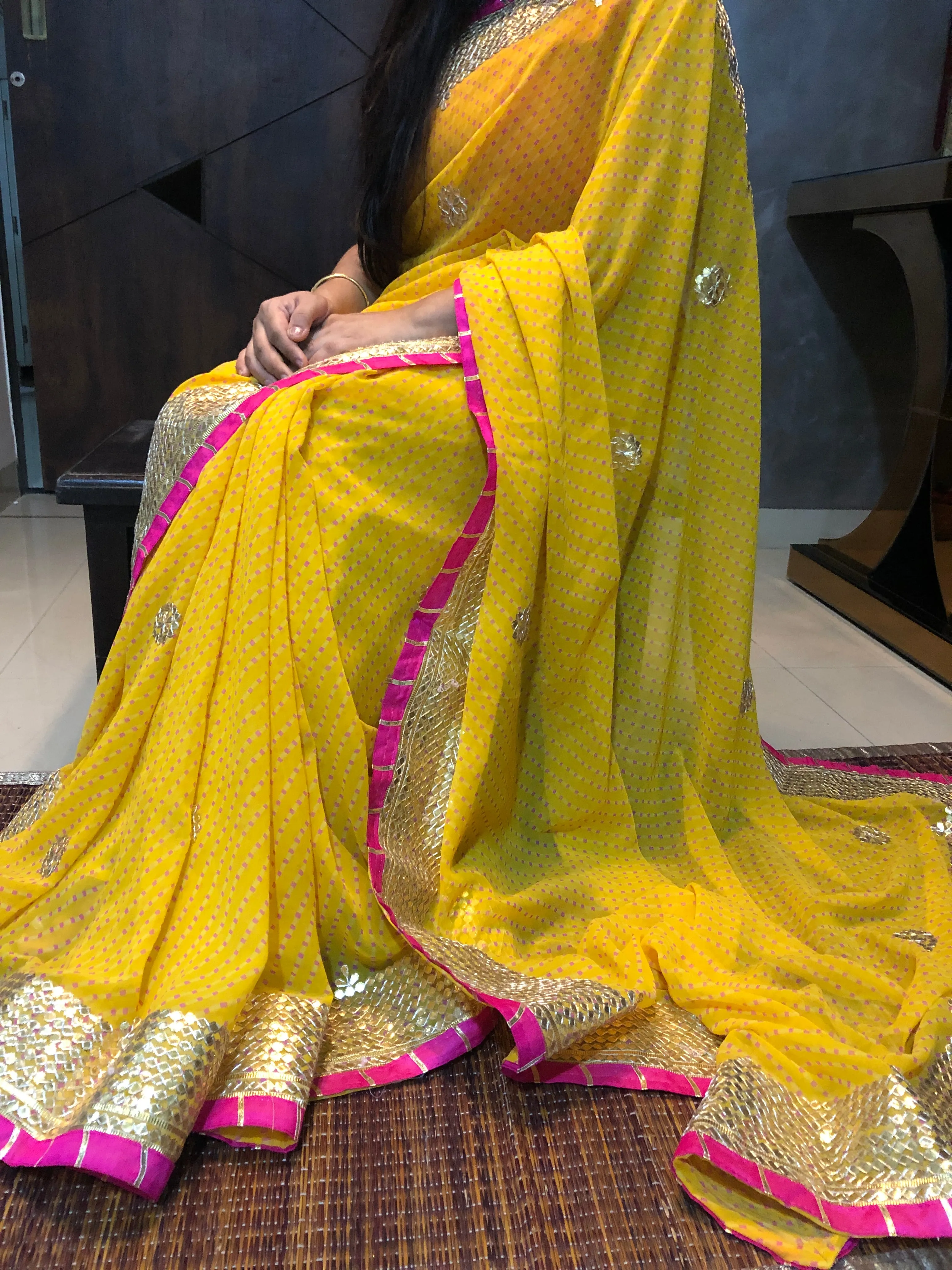 Yellow Pink Soft Georgette Gota work Saree