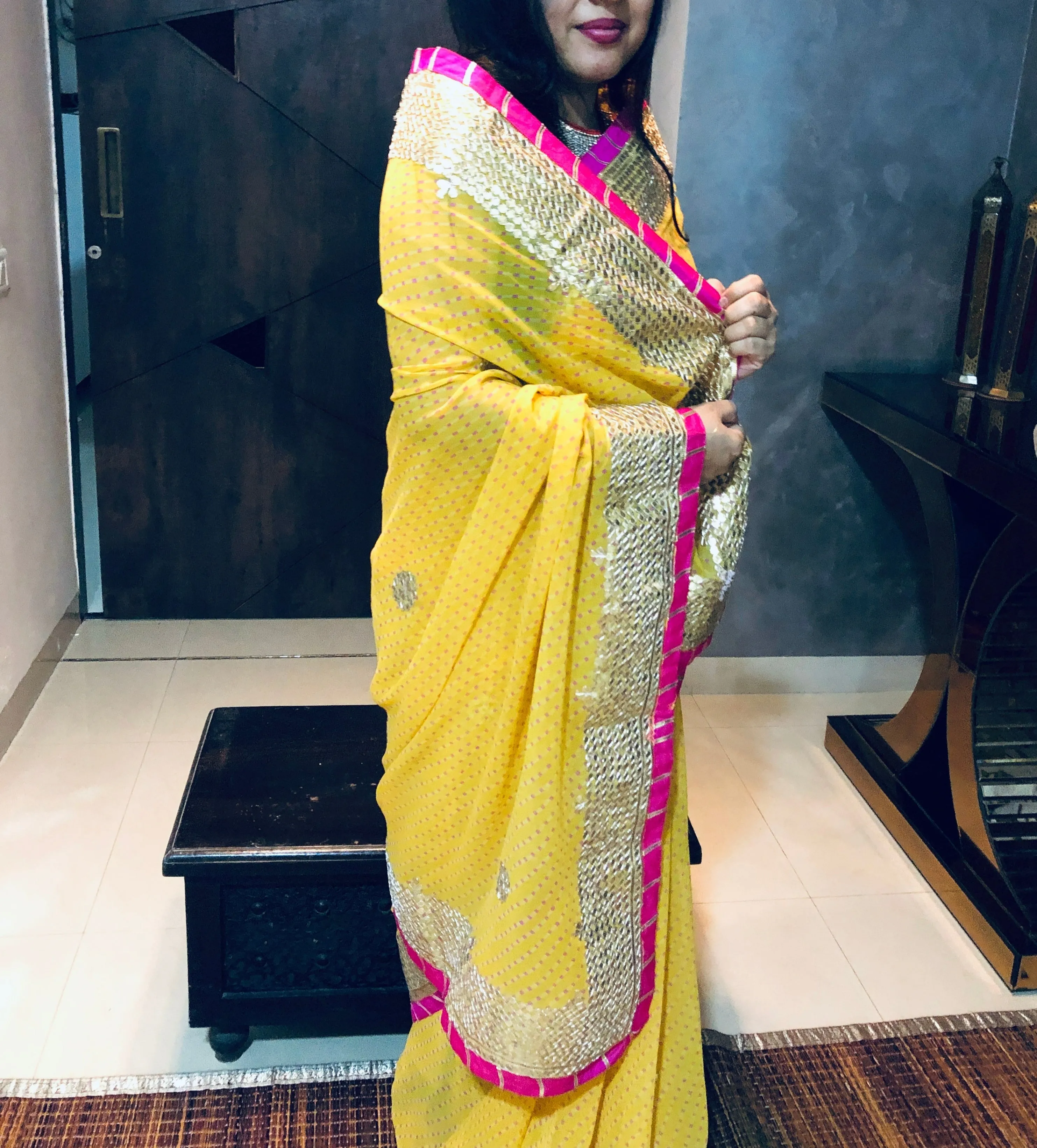 Yellow Pink Soft Georgette Gota work Saree